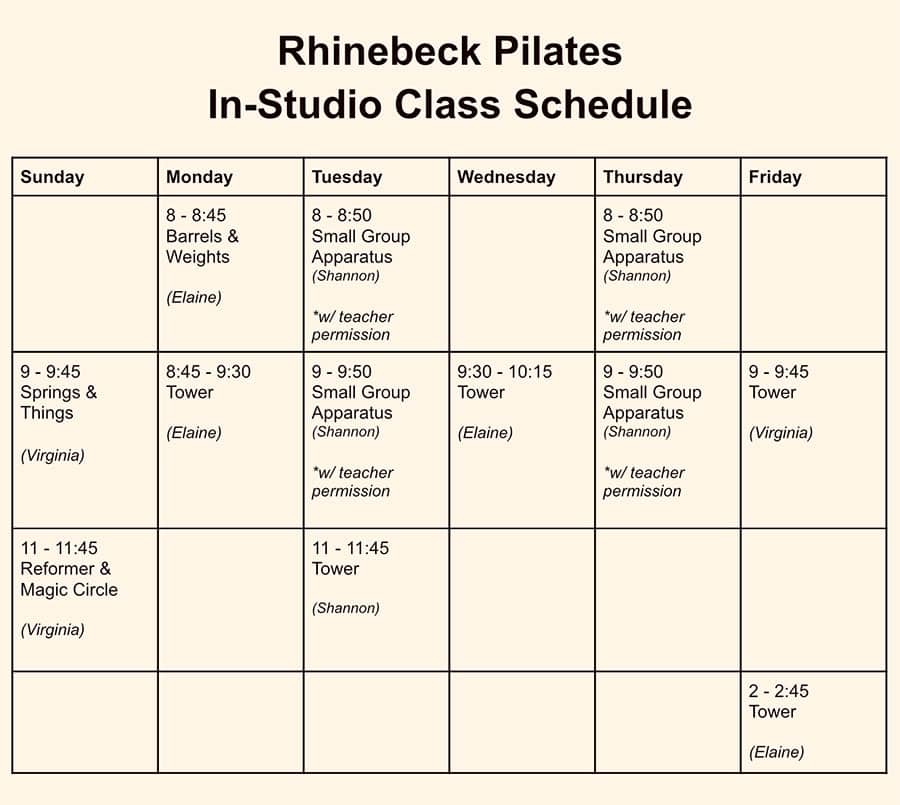 Rhinebeck Pilates In-studio Class Schedule