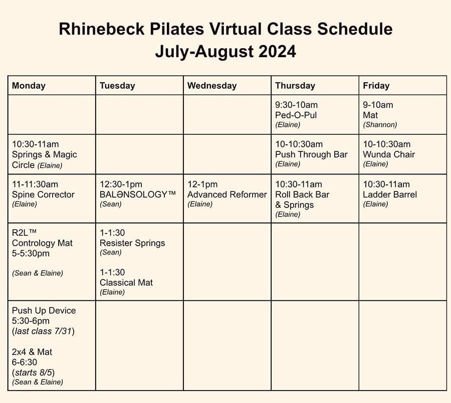 Rhinebeck Pilates Virtual Class Schedule (July-August 2024)